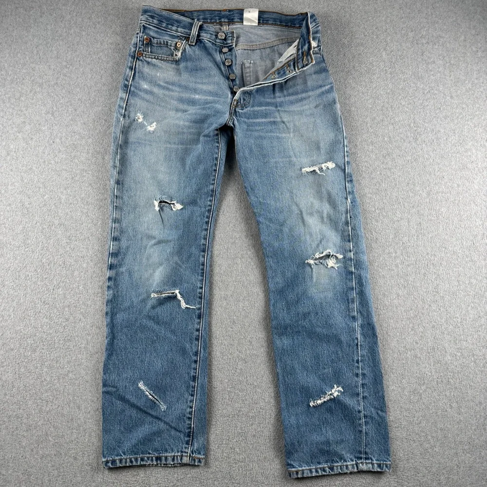 Levi's Jeans Mens W30 L30 501 Original Fit Light Wash Distressed Button Fly
